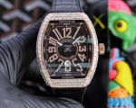 Replica Franck Muller V45 Yachting Rose Gold Diamond Case Black Leather Strap Watch 
